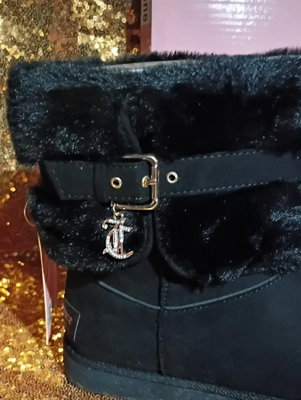 Juicy Couture Black Faux Fur Ankle Boots with Buckle Charm